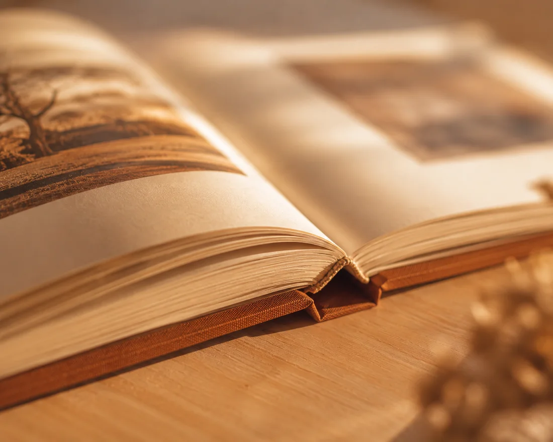 Un Livre de Vie relié ouvert sur des pages illustrées, lumière dorée